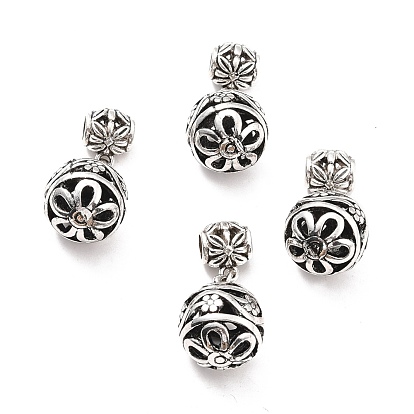 Tibetan Style Alloy European Dangle Charms, Large Hole Charms, Hollow Round with Flower