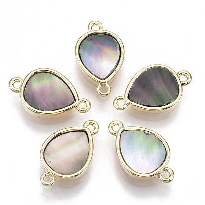 Brass Links Connectors, with Black Lip Shell, Nickel Free, Real 18k Gold Plated, Teardrop