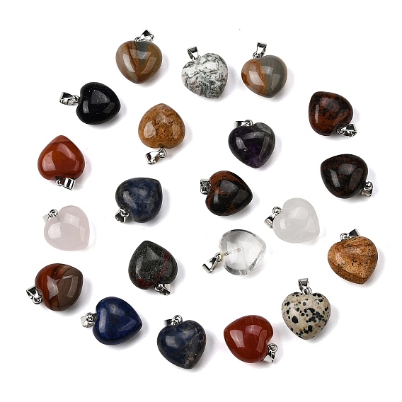 Природные смешанные подвески драгоценных камней, подвески-сердечки с 304 защелками из нержавеющей стали, цвет нержавеющей стали