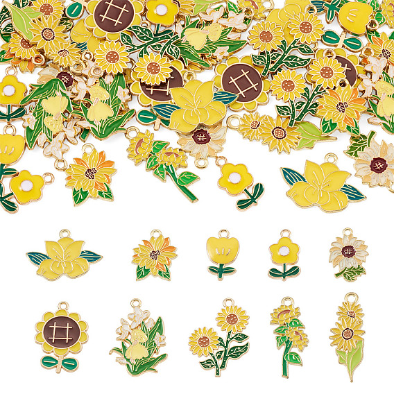 40 piezas 10 estilos colgantes de aleación de esmalte, encantos de la flor, dorado