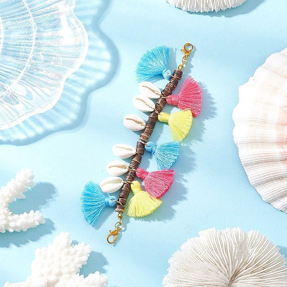 Кисточка из натурального кокоса и поликоттона и подвеска из натуральной ракушки каури, с цинковым сплавом застежками омаров коготь