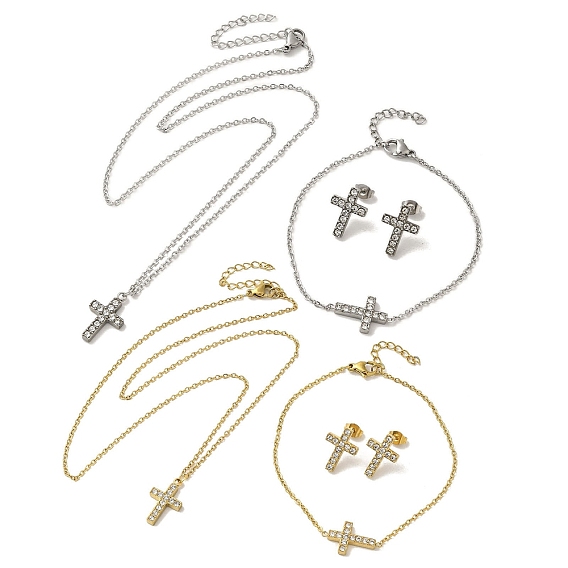 Ионное покрытие (ip) 304 ожерелья из нержавеющей стали с подвесками-крестиками, браслеты и серьги-гвоздики для женщин