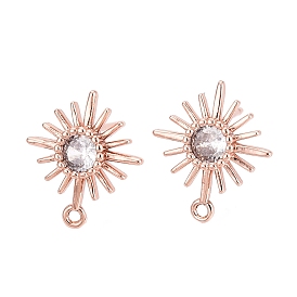 Brass Micro Clear Cubic Zirconia Stud Earring Findings, with Loop, Sun, Real Rose Gold Plated