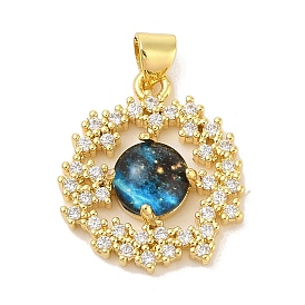 Rack Plating Brass Cubic Zirconia Enamel Pendants, Cadmium Free & Lead Free, Flat Round, Blue