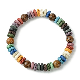 Dyed Natural Lava Rock Disc & Wood Beaded Stretch Bracelet