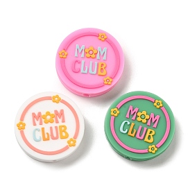 Flat Round with Word Mom Club Silicone Focal Beads, Chewing Beads For Teethers, DIY Nursing Necklaces Making