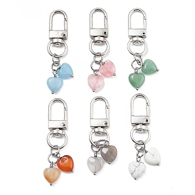 Heart Natural Green Aventurine & Red Agate & Grey Agate & Aquamarine & Howlite & Cherry Quartz Glass Pendant Decoration, Alloy Swivel Clasps Charms for Bag Ornaments