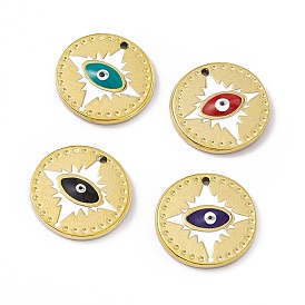 Vacuum Plating 201 Stainless Steel Pendant, with Enamel, Real 18K Gold Plated, Flat Round with Evil Eye Charm