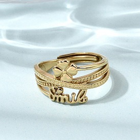 304 регулируемые манжеты из нержавеющей стали с открытыми кольцами для женщин, клевер со словом улыбка, ионное покрытие (ip)