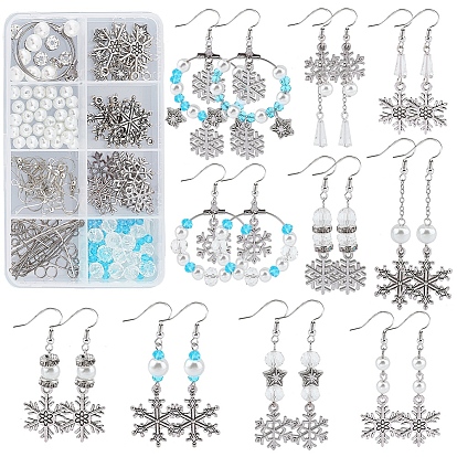 DIY-Sets zur Herstellung weihnachtlicher Schneeflocken-Ohrhänger, einschließlich Anhänger aus Legierung und 304 Edelstahl, Glas & Glasperlen, Messing Ohrhaken
