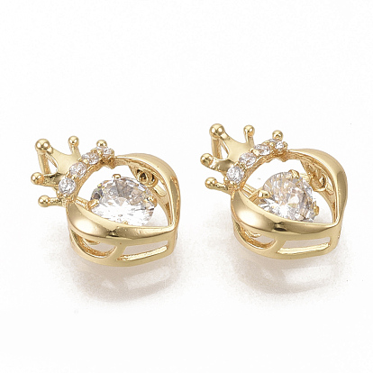 Brass Micro Pave Clear Cubic Zirconia Charms, Nickel Free, Heart with Crown, Real 18K Gold Plated