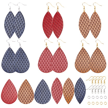 DIY 12Pairs PU Leather Earring Making Kits, Including 3 Colors Big Pendants, Brass Earring Hooks, Metal Jump Rings