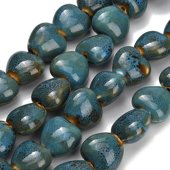 Vintage Handmade Porcelain Beads Strands, Fancy Antique Glazed Porcelain, Heart