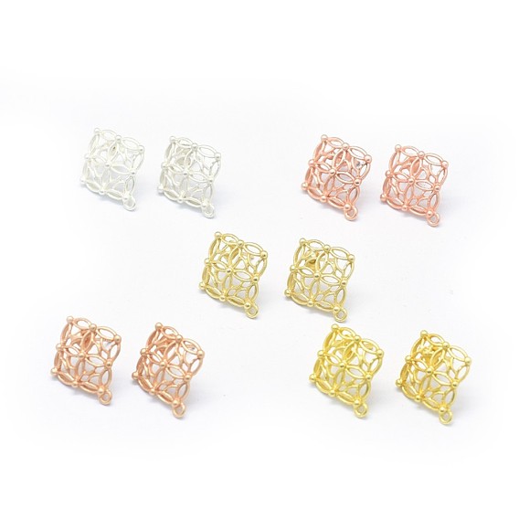 Alloy Stud Earring Findings, with Loop, Brass Pins and Ear Nuts/Earring Backs, Long-Lasting Plated, Rhombus
