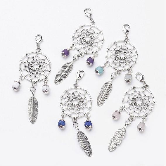 Alloy Feather Pendants, with Gemstone Beads and Lobster Claw Clasps