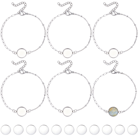 16Pcs 304 Stainless Steel Paperclip Chain Satellite Chain Bracelet Making, with Flat Round 304 Stainless Steel Cabochon Settings, with 16Pcs Transparent Glass Cabochons