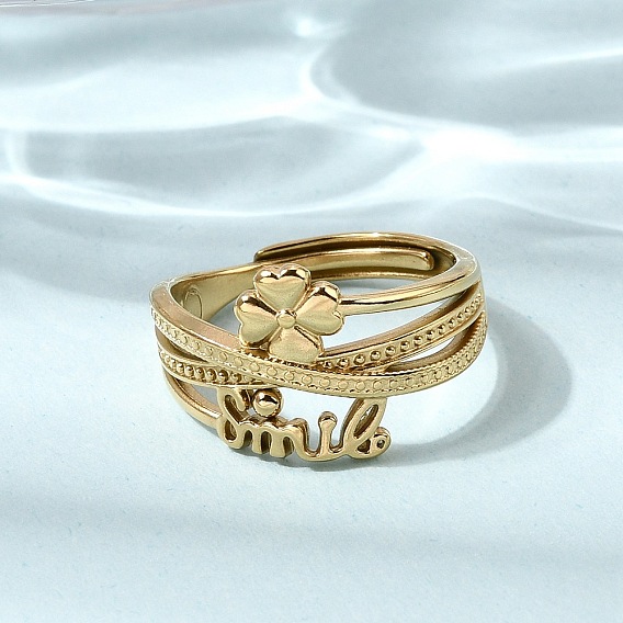 304 регулируемые манжеты из нержавеющей стали с открытыми кольцами для женщин, клевер со словом улыбка, ионное покрытие (ip)