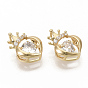 Brass Micro Pave Clear Cubic Zirconia Charms, Nickel Free, Heart with Crown, Real 18K Gold Plated