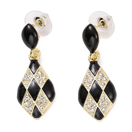 Teardrop with Tartan Pattern Enamel Dangle Stud Earrings, Crystal Rhinestone Drop Earrings for Women, Light Gold