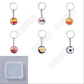 Olycraft 6Pcs 6 Style Glass Pendant Keychain, with Platinum Plated Alloy Findings, Flat Round