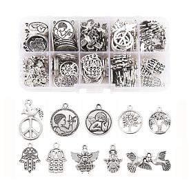 150Pcs 10 Style Tibetan Style Alloy Pendants, for Religion, Cadmium Free & Lead Free, Flat Round & Pigeon & Peace Sign & Angel & Hamsa Hand