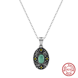 Natural Turquoise & Cubic Zirconia Oval Pendant Necklaces, Rhodium Plated 925 Sterling Silver Cable Chain Necklaces