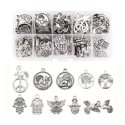 150Pcs 10 Style Tibetan Style Alloy Pendants, for Religion, Cadmium Free & Lead Free, Flat Round & Pigeon & Peace Sign & Angel & Hamsa Hand