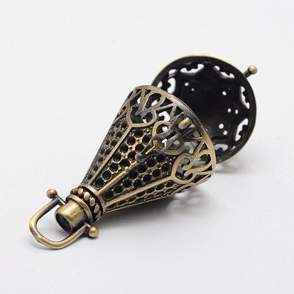 Filigree Cone Brass Cage Pendants, For Chime Ball Pendant Necklaces Making, Lead Free & Cadmium Free, 40.5x25.5x22mm, Hole: 6x5mm, Inner: 18mm