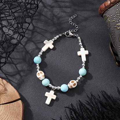 Браслеты с подвесками в виде черепа из латуни с синтетической бирюзой, платина