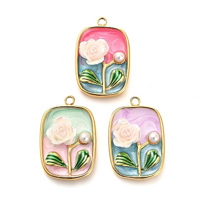 304 нержавеющей стальной эмали подвески, Со смолой и имитацией жемчуга, Прямоугольник с цветком, ионное покрытие (ip), реальный 18 k позолоченный