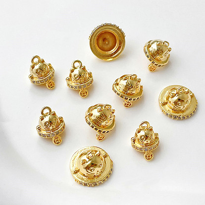 Brass Cup Pearl Peg Bails Pin Pendants, For Half Drilled Beads, Fortune Cat Hat