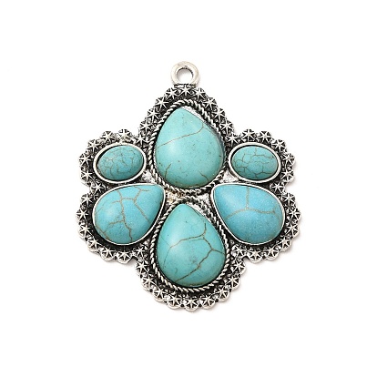 Retro Alloy Pendants, with Synthetic Turquoise, Flower Charms