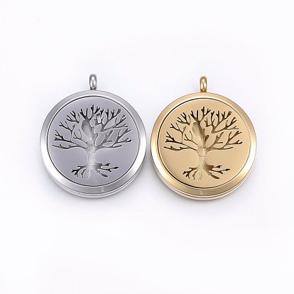 304 Stainless Steel Magnetic Diffuser Locket Pendants, Flat Round with Tree of Life