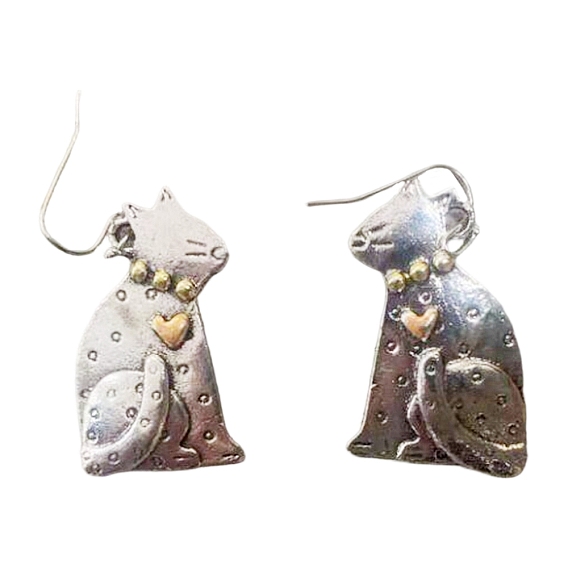 Alloy Dangle Earrings, Cat Shape with Heart
