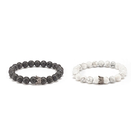 2Pcs 2 Style Natural Lava Rock & Howlite Stretch Bracelets Set with Alloy Crown Beaded, Essential Oil Gemstone Jewelry for Women