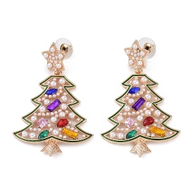 Christmas Tree Alloy Dangle Earrings, with Rhinestone and Plastic Pearl