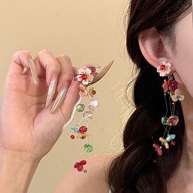 Acrylic & Titanium Alloy & Glass Stud Dangle Earrings for Women, Flower, Golden