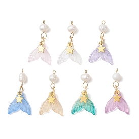 Подвески из стекла, натурального жемчуга и сплавов, окрашенные методом распыления., подвески в виде рыбьего хвоста и звезды, золотые