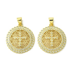 Eco-Friendly Brass Micro Pave Cubic Zirconia Pendants, Long-Lasting Plated, Real 18K Gold Plated, Cadmium Free & Lead Free,  Flat Round