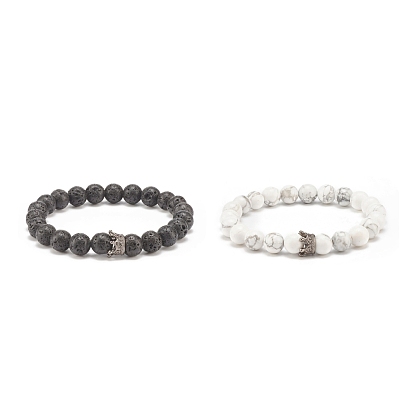 2Pcs 2 Style Natural Lava Rock & Howlite Stretch Bracelets Set with Alloy Crown Beaded, Essential Oil Gemstone Jewelry for Women