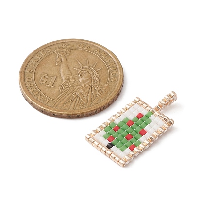 Handmade Seed Beads, Loom Pattern, Rectangle with Christmas Tree/Flower Pendant
