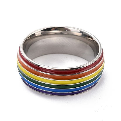 Rainbow Pride Finger Ring, Stripe Grooved Flat Titanium Steel Finger Ring for Women