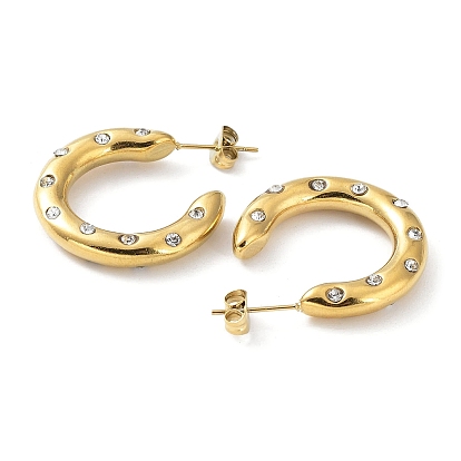 Real 18K Gold Plated 304 Stainless Steel Ring Stud Earrings with Rhinestone, Half Hoop Earrings
