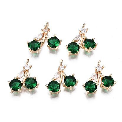 Brass Micro Pave Clear Cubic Zirconia Charms, with Glass, Light Gold, Long-Lasting Plated, Cadmium Free & Lead Free, Cherry