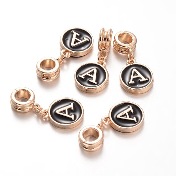 Alloy Enamel European Dangle Charms, Flat Round with Letter, 27mm, Hole: 5mm