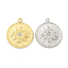 Vacuum Plating 304 Stainless Steel Pendants, with Crystal Rhinestone, Flat Round with Flower Charms