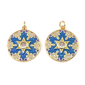 Brass Micro Pave Clear Cubic Zirconia Pendants, with Blue Enamel, Flat Round with Star Charms