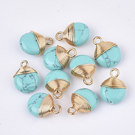 Synthetic Turquoise Pendants, with Brass Findings and Iron Loops, with Half Hole, Dyed, Flat Round, Golden