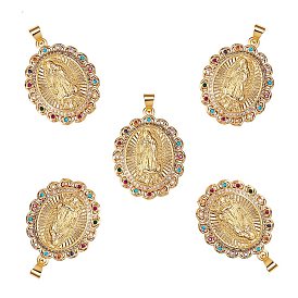 5Pcs Brass Micro Pave Colorful Cubic Zirconia Pendants, Long-Lasting Plated, Lead Free & Cadmium Free, Oval with Holy Virgin, Religion