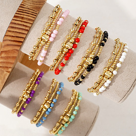 3Штукатурные браслеты из круглых бусин из стекла и латуни, эластичные., составные браслеты для женщин, золотые